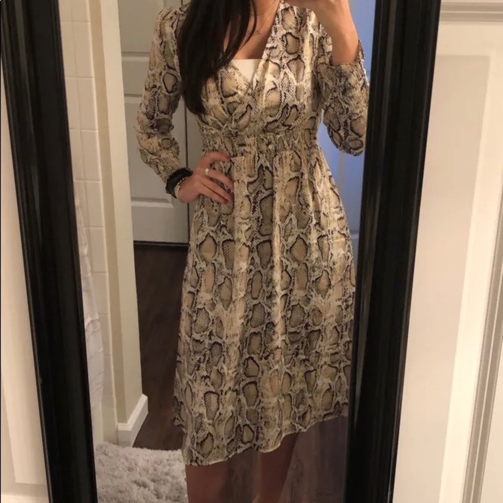 Cream Snake Print Long Sleeve Midi Dress